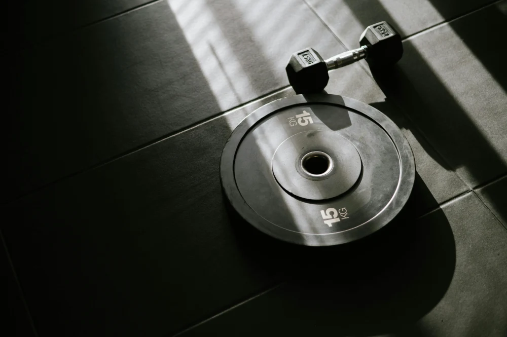 A 15kg weight plate and a dumbbell sit on a dark gym floor under streaks of natural sunlight.
