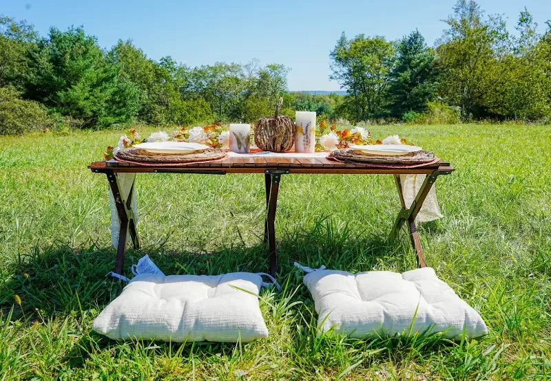 A decorated low table and white floor cushions sit in a lush field for an outdoor event in Milford, Pennsylvania.