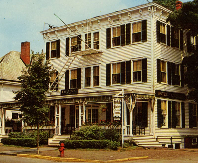 Vintage exterior of Hotel Fauchère, a historic place to stay in the Milford historic district.