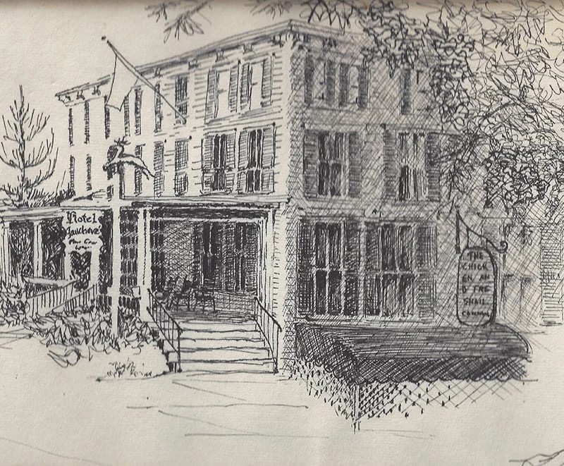 This detailed pen and ink sketch depicts Hotel Fauchère, one of the finest places to stay in Milford PA.