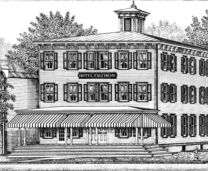 A vintage illustration shows the classic facade of Hotel Fauchère within the Milford historic district.